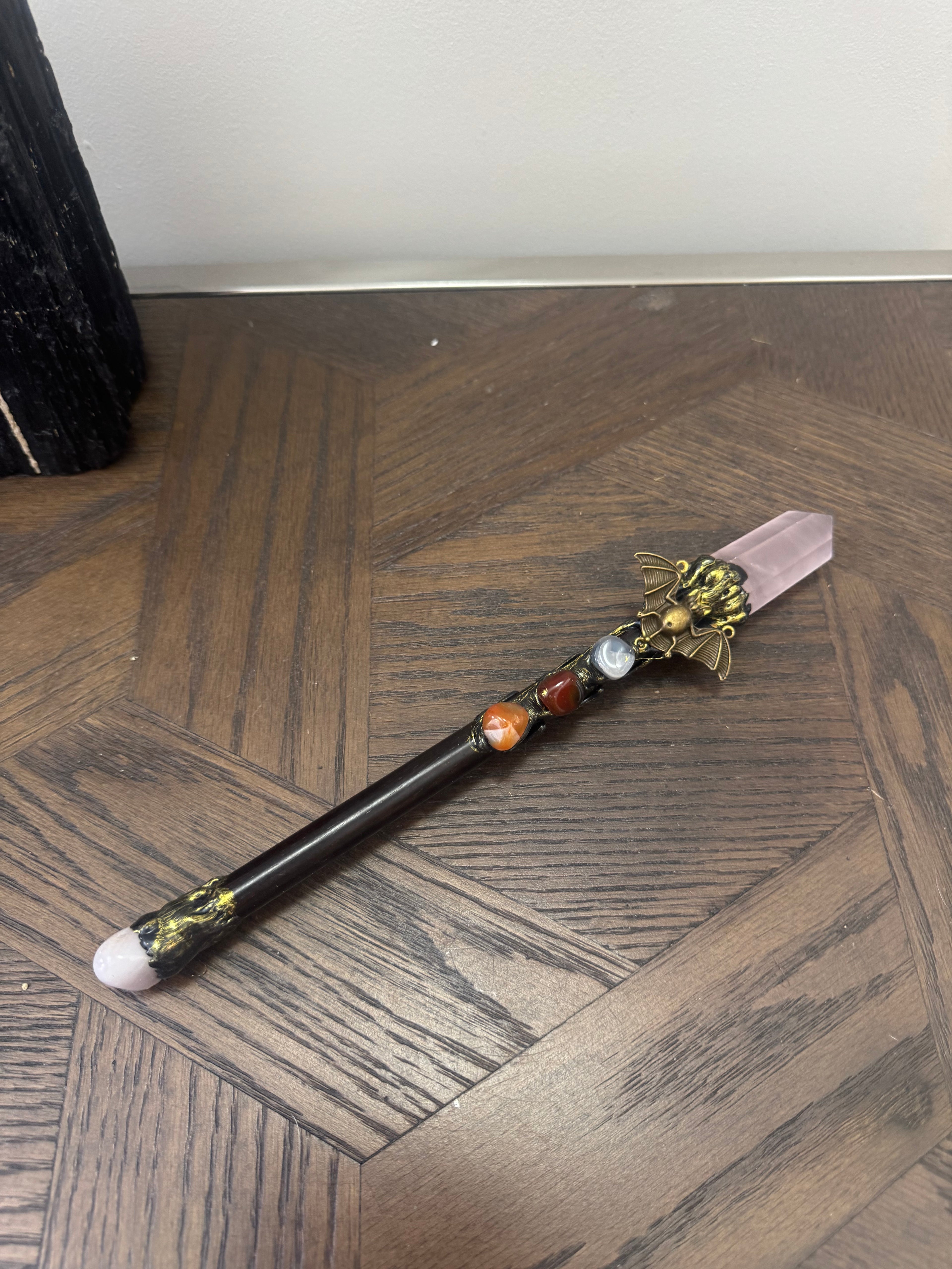🦇 Rose Quartz Ritual Wand – The Night Guardian