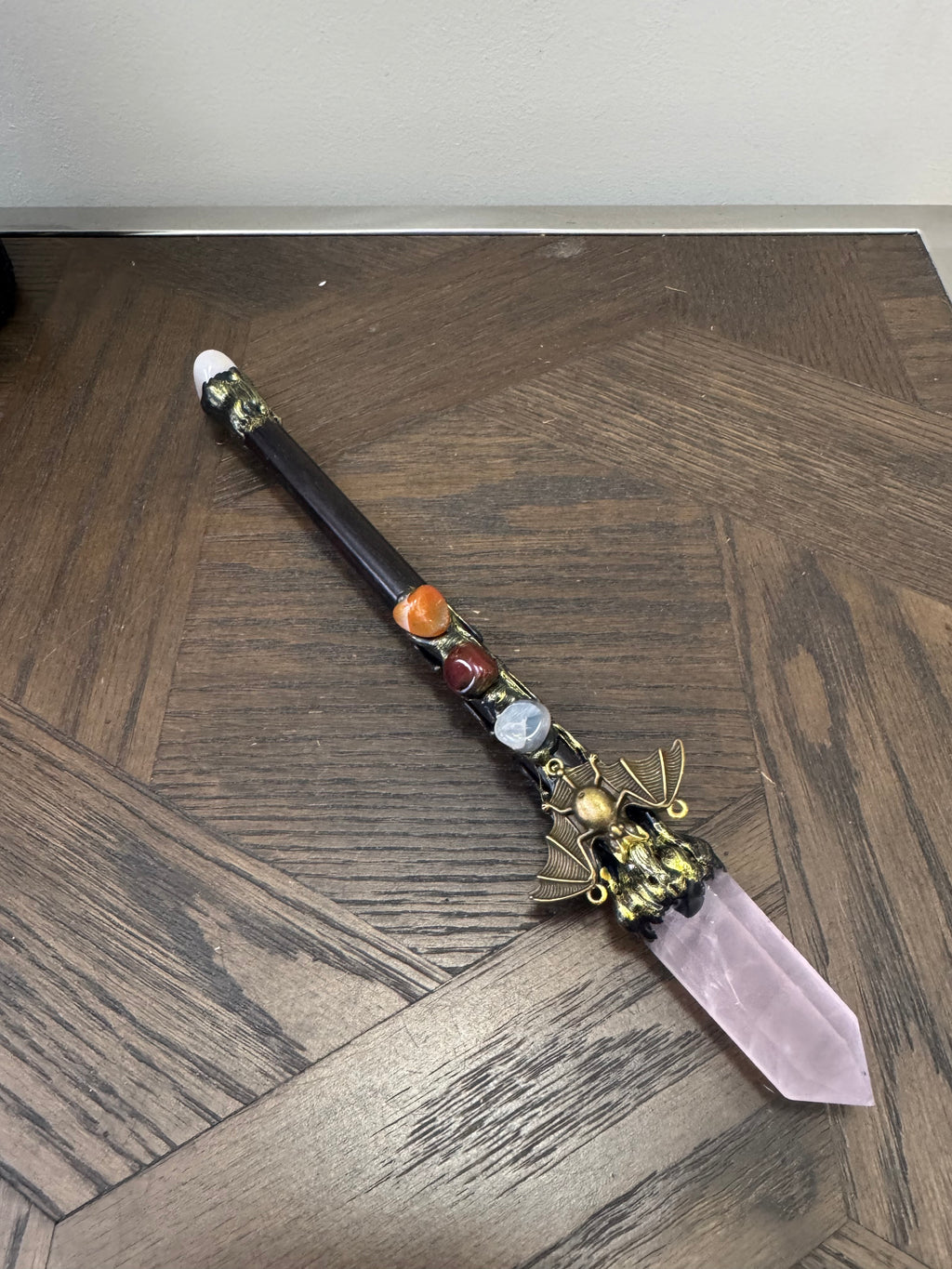 🦇 Rose Quartz Ritual Wand – The Night Guardian