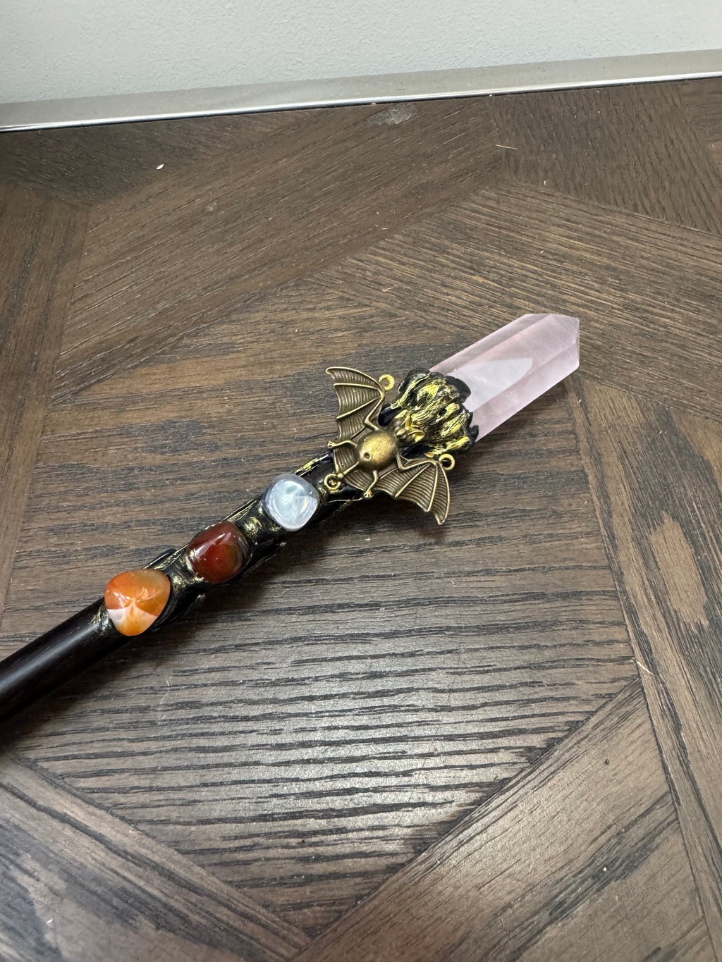 🦇 Rose Quartz Ritual Wand – The Night Guardian