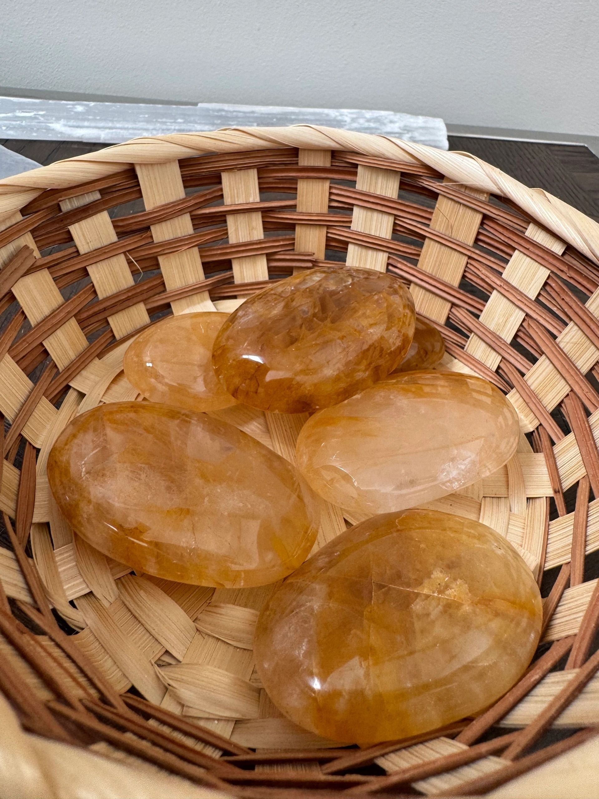 Natural Golden Healer Polished Palm Stone Mineral Crystal Specimen