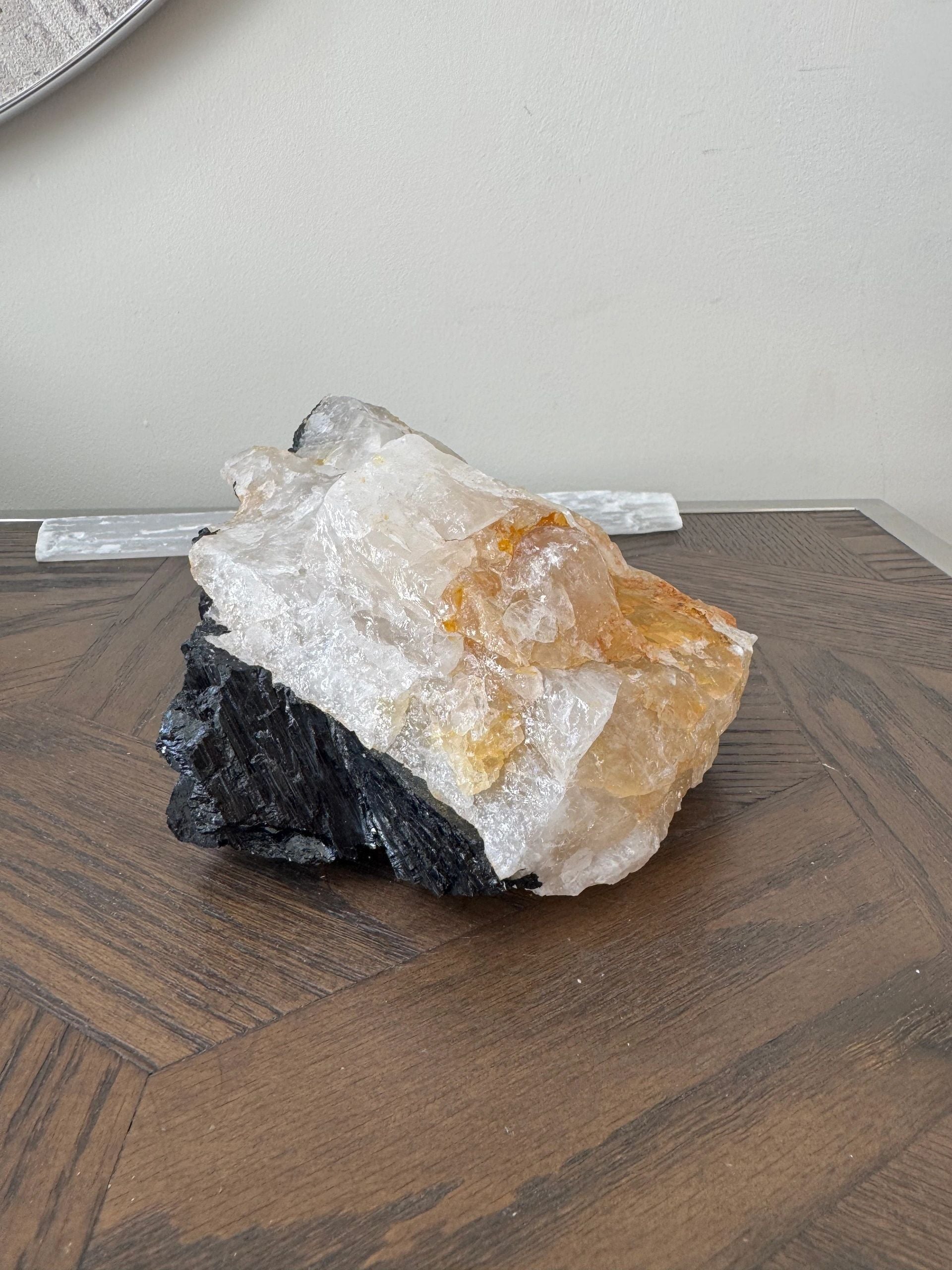 Natural Raw Black Tourmaline Golden Calcite Quartz Mineral Crystal Specimen