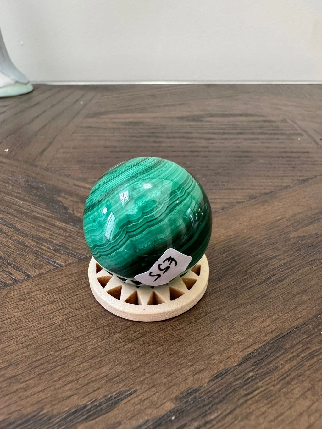 Natural Malachite Hand Polished Sphere on Wooden Stand Crystal Specimen