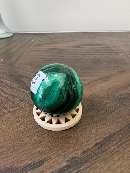 Natural Malachite Hand Polished Sphere on Wooden Stand Crystal Specimen