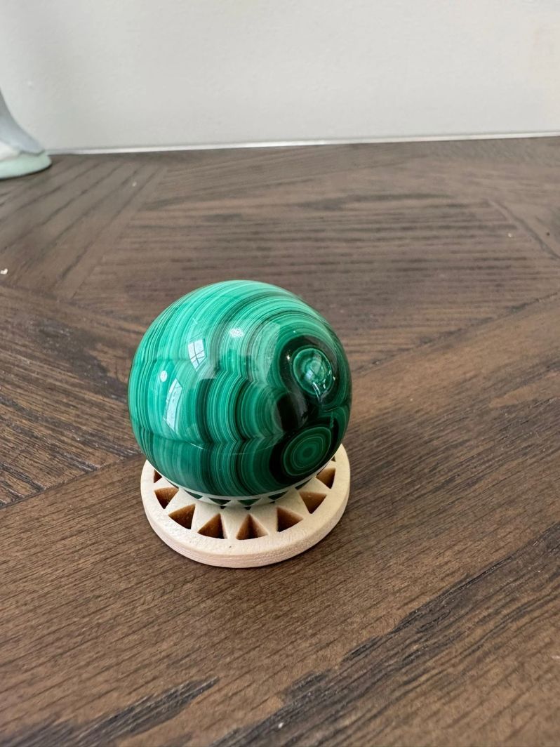 Natural Malachite Hand Polished Sphere on Wooden Stand Crystal Specimen