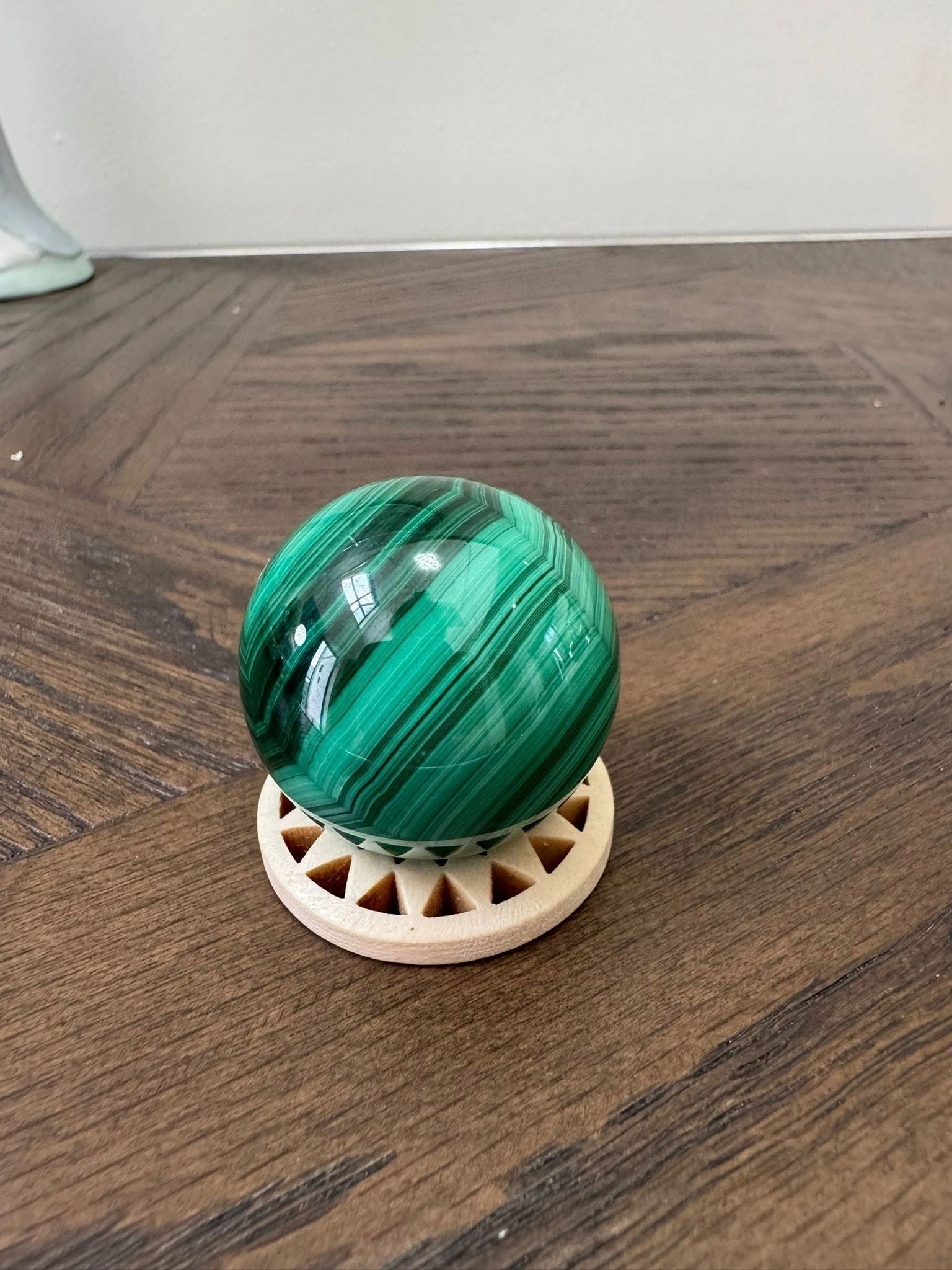 Natural Malachite Hand Polished Sphere on Wooden Stand Crystal Specimen