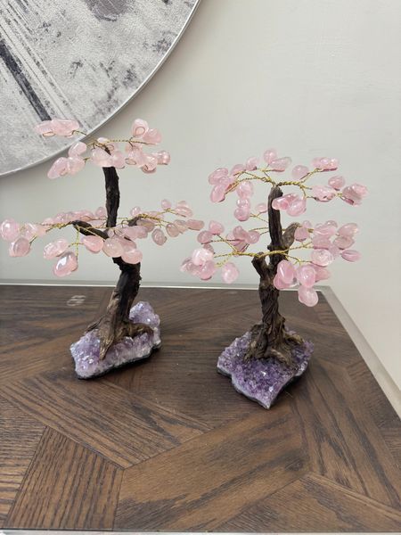 Natural Rose Quartz Bonsai Tree on Amethyst Base Crystal Specimen