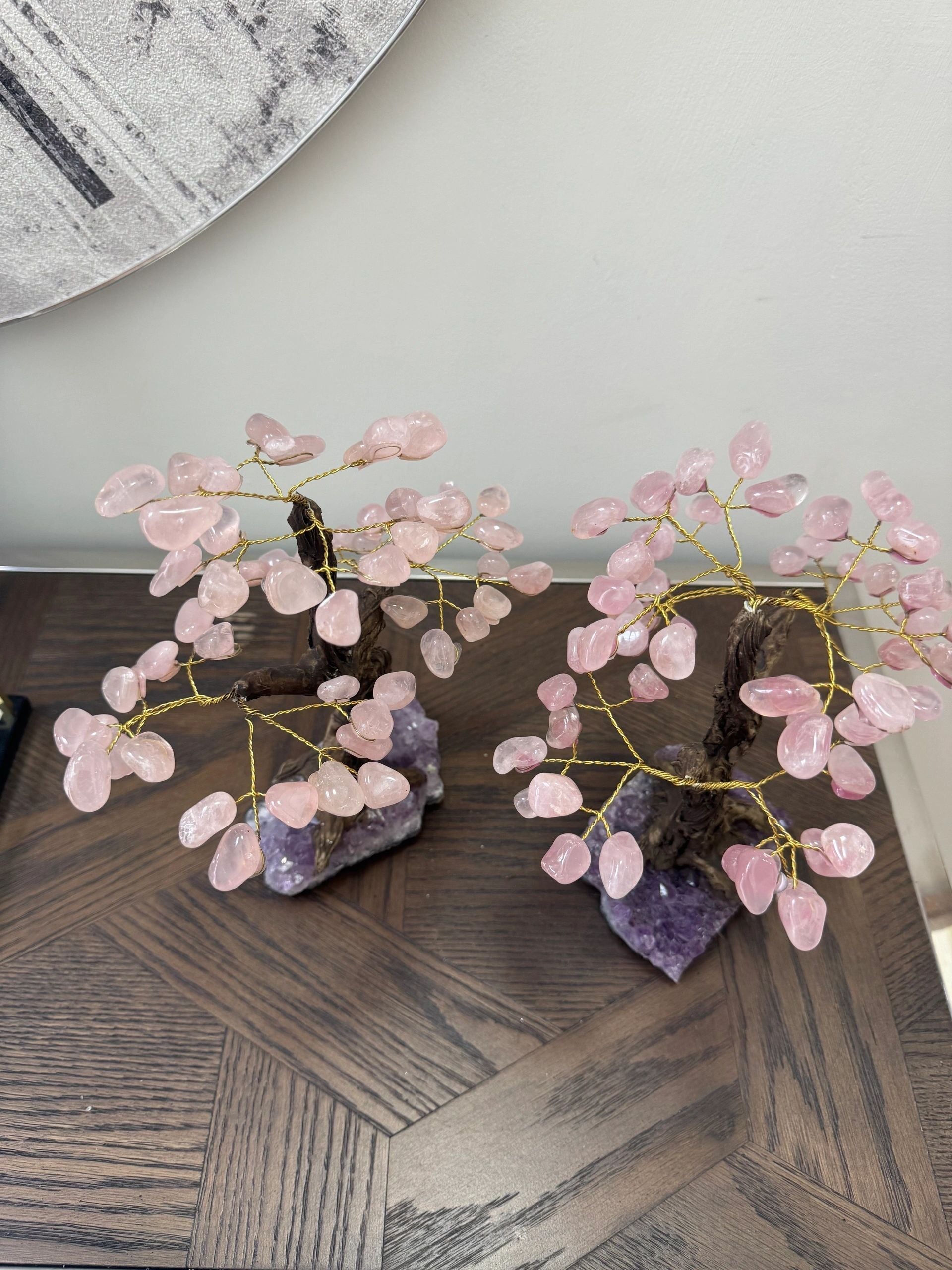 Natural Rose Quartz Bonsai Tree on Amethyst Base Crystal Specimen