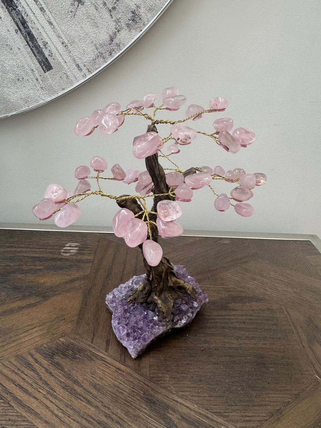 Natural Rose Quartz Bonsai Tree on Amethyst Base Crystal Specimen