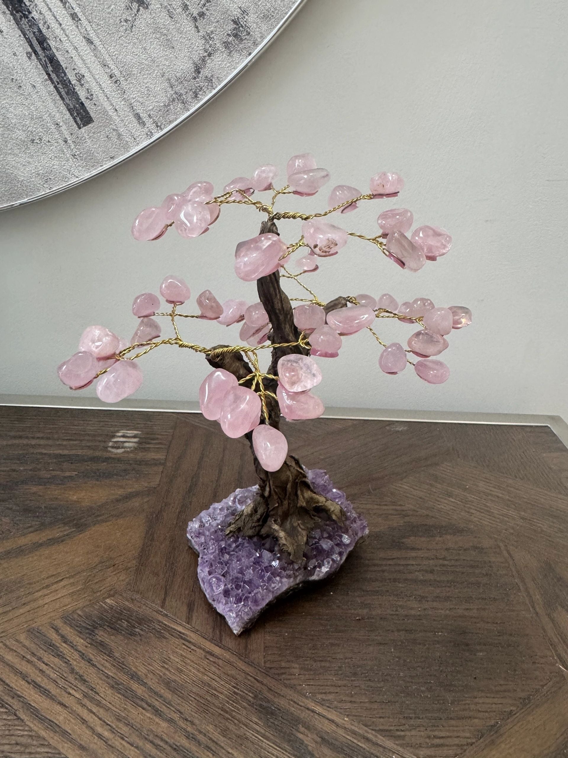 Natural Rose Quartz Bonsai Tree on Amethyst Base Crystal Specimen