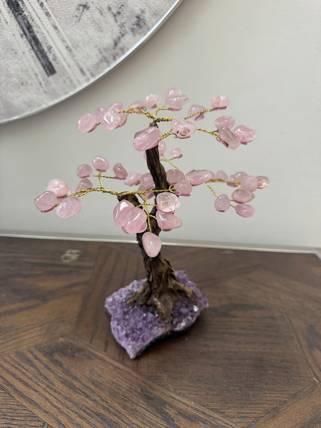 Natural Rose Quartz Bonsai Tree on Amethyst Base Crystal Specimen