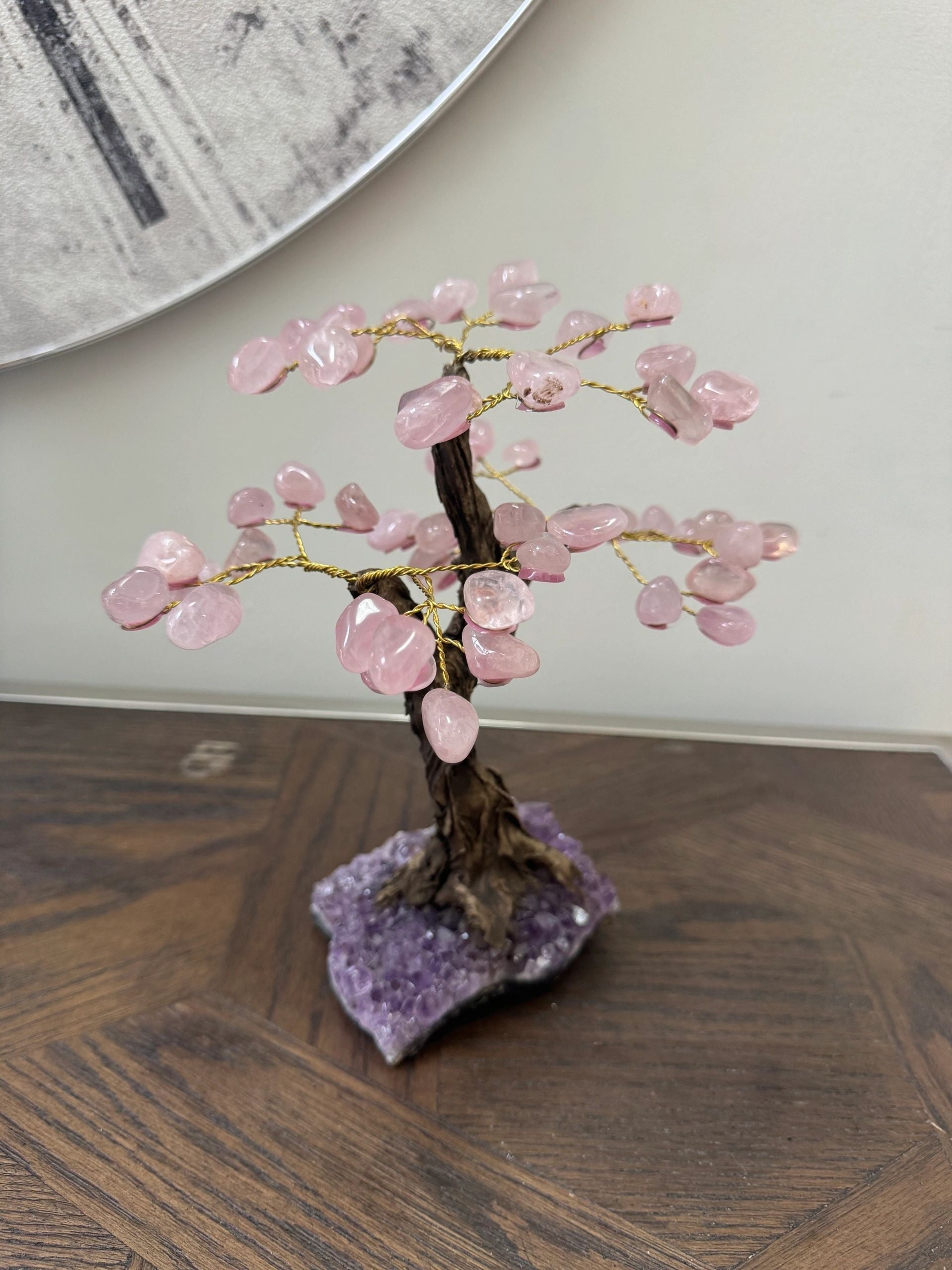 Natural Rose Quartz Bonsai Tree on Amethyst Base Crystal Specimen