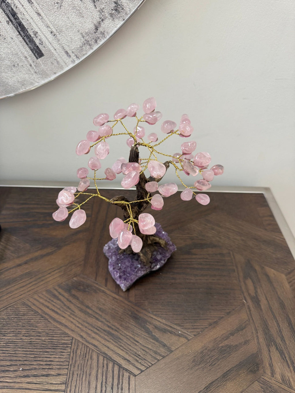 Natural Rose Quartz Bonsai Tree on Amethyst Base Crystal Specimen
