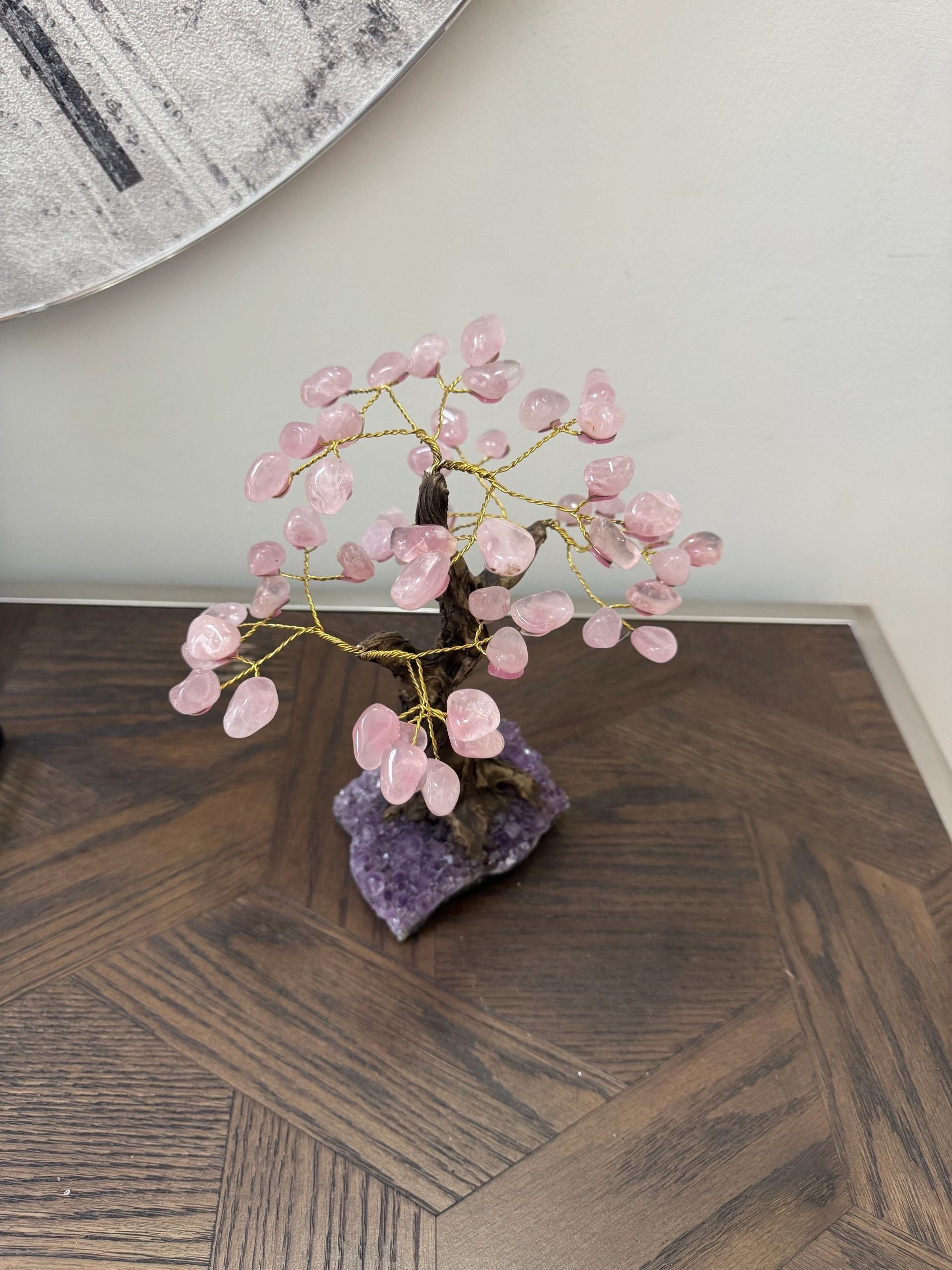 Natural Rose Quartz Bonsai Tree on Amethyst Base Crystal Specimen