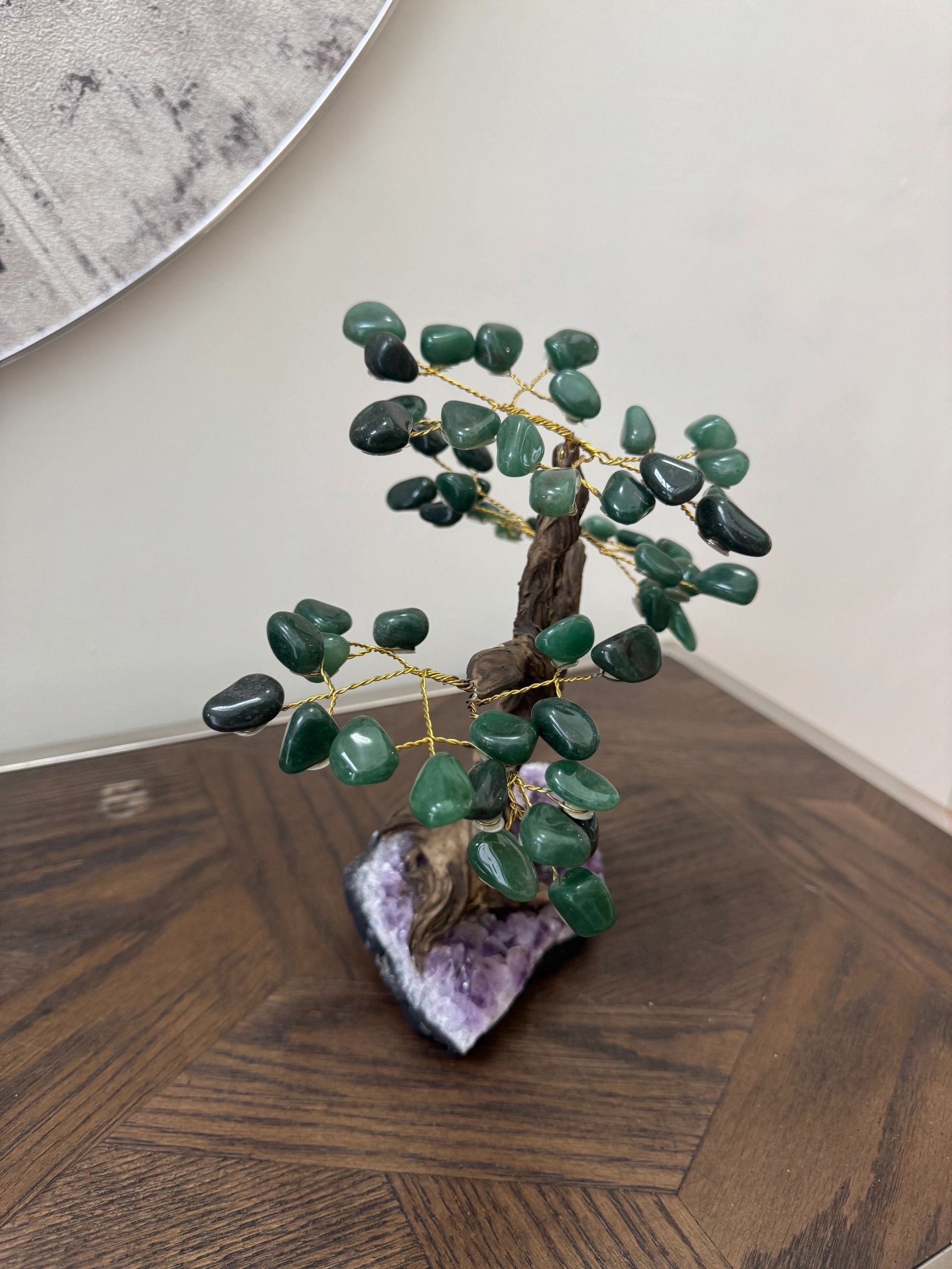 Natural Green Aventurine Bonsai Tree on Amethyst Base Crystal Specimen
