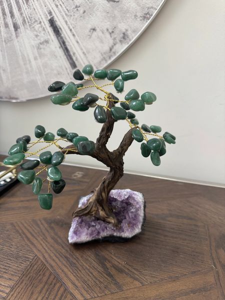 Natural Green Aventurine Bonsai Tree on Amethyst Base Crystal Specimen