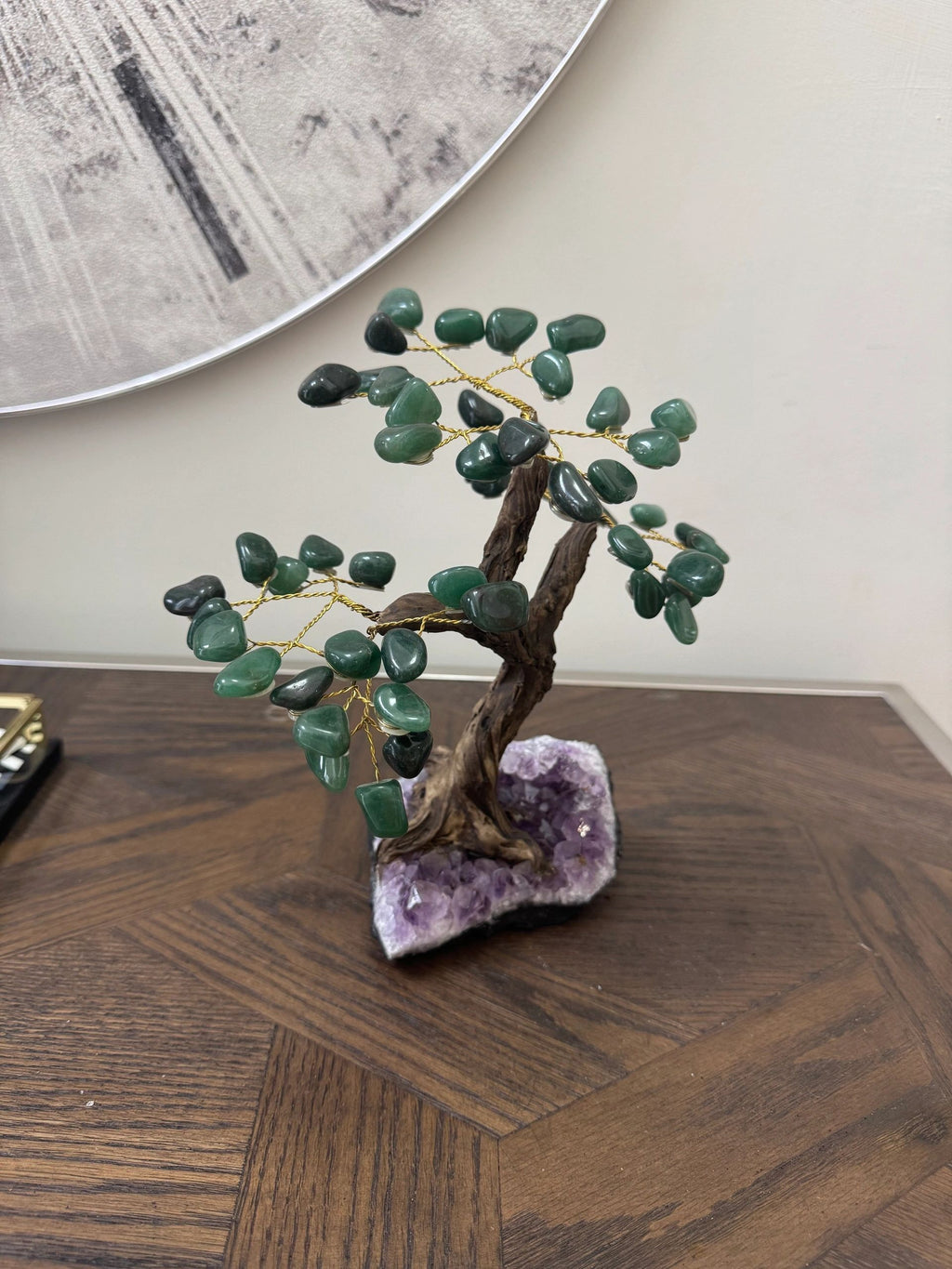 Natural Green Aventurine Bonsai Tree on Amethyst Base Crystal Specimen