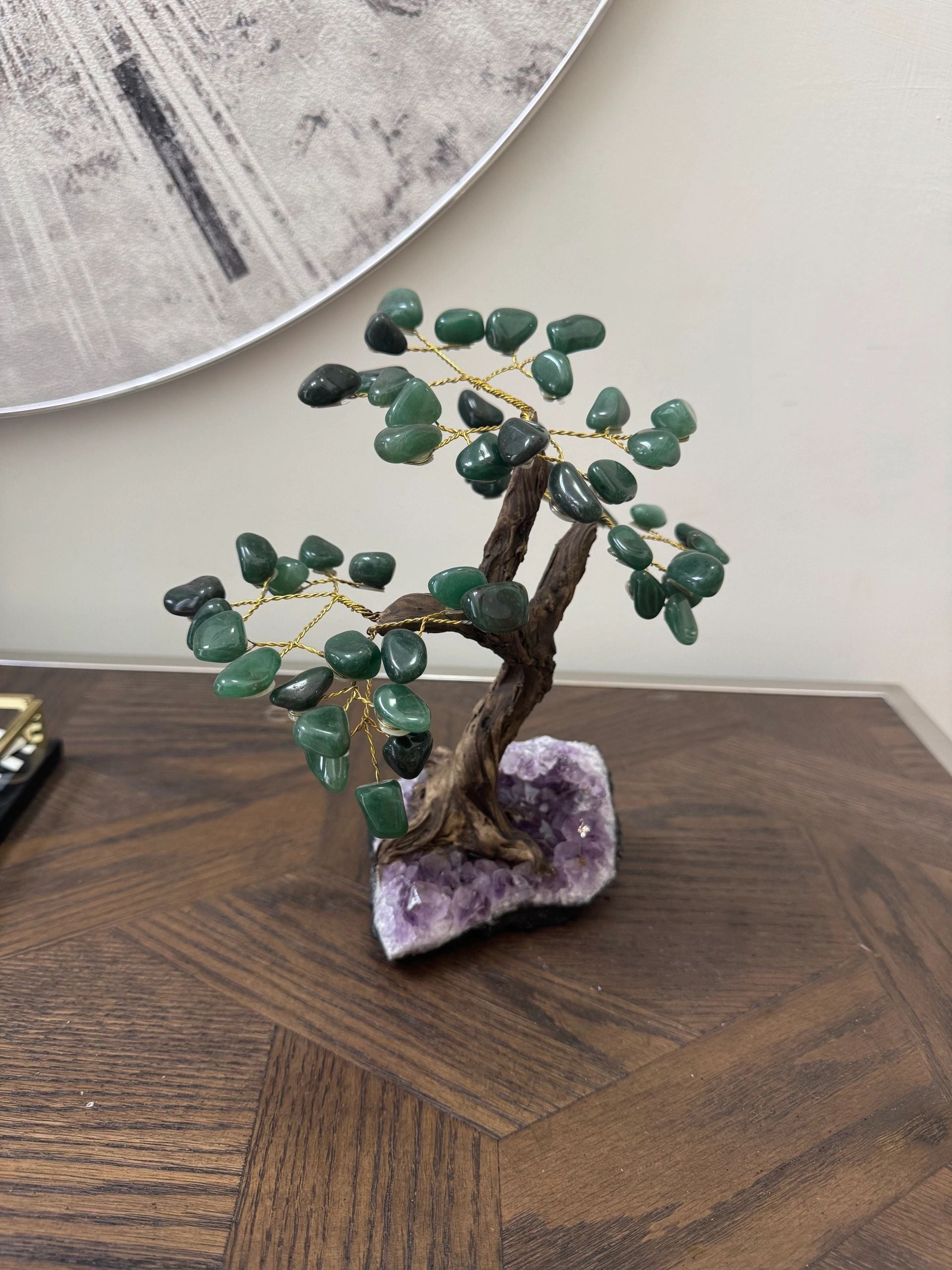 Natural Green Aventurine Bonsai Tree on Amethyst Base Crystal Specimen