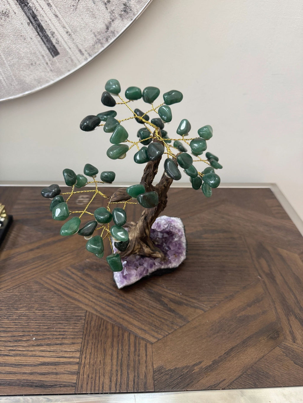 Natural Green Aventurine Bonsai Tree on Amethyst Base Crystal Specimen
