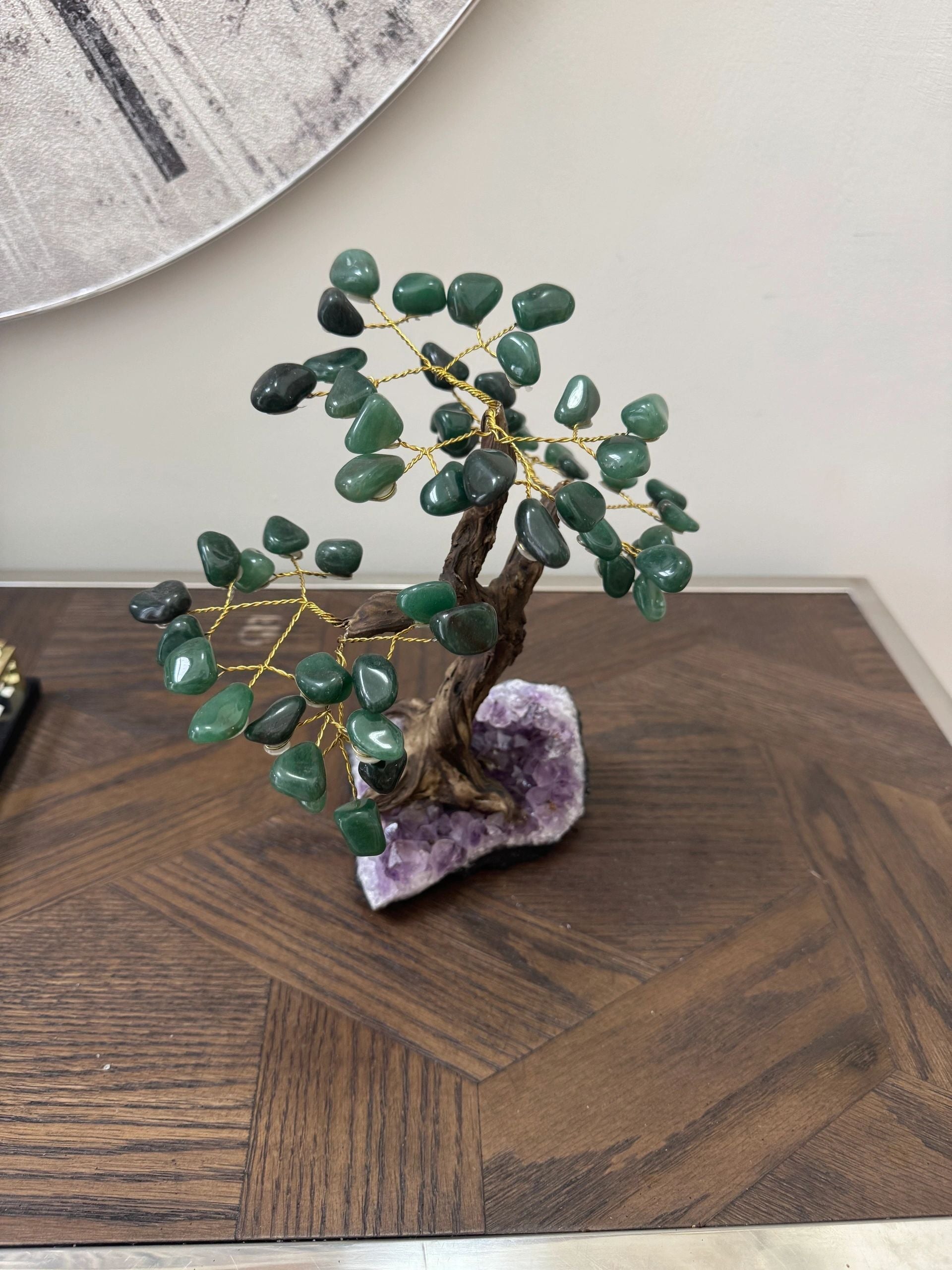 Natural Green Aventurine Bonsai Tree on Amethyst Base Crystal Specimen