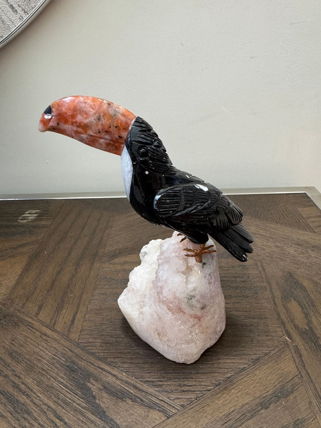Black Obsidian Toucan on Pink Amethyst Base