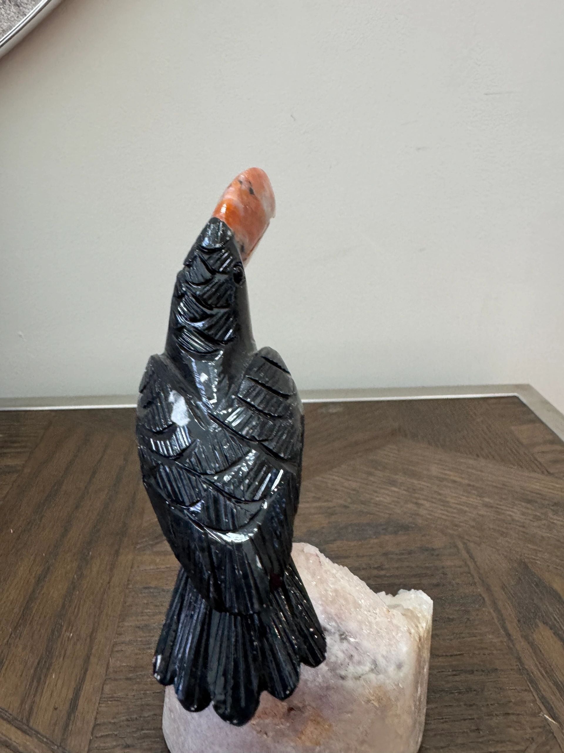 Black Obsidian Toucan on Pink Amethyst Base