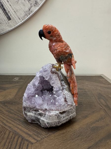 Sunstone Parrot on Amethyst Geode Base