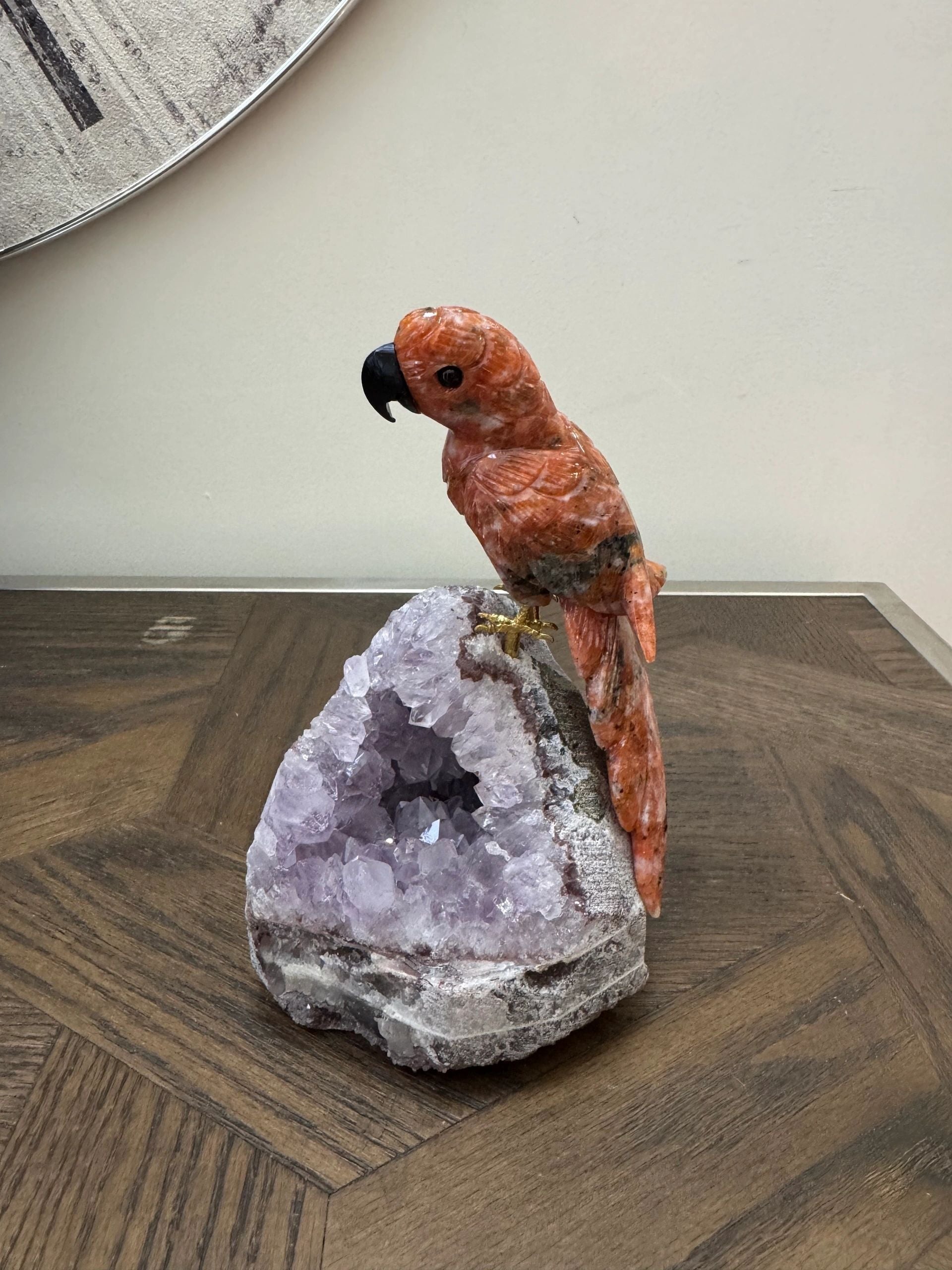 Sunstone Parrot on Amethyst Geode Base
