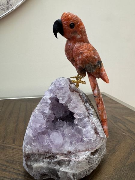 Sunstone Parrot on Amethyst Geode Base