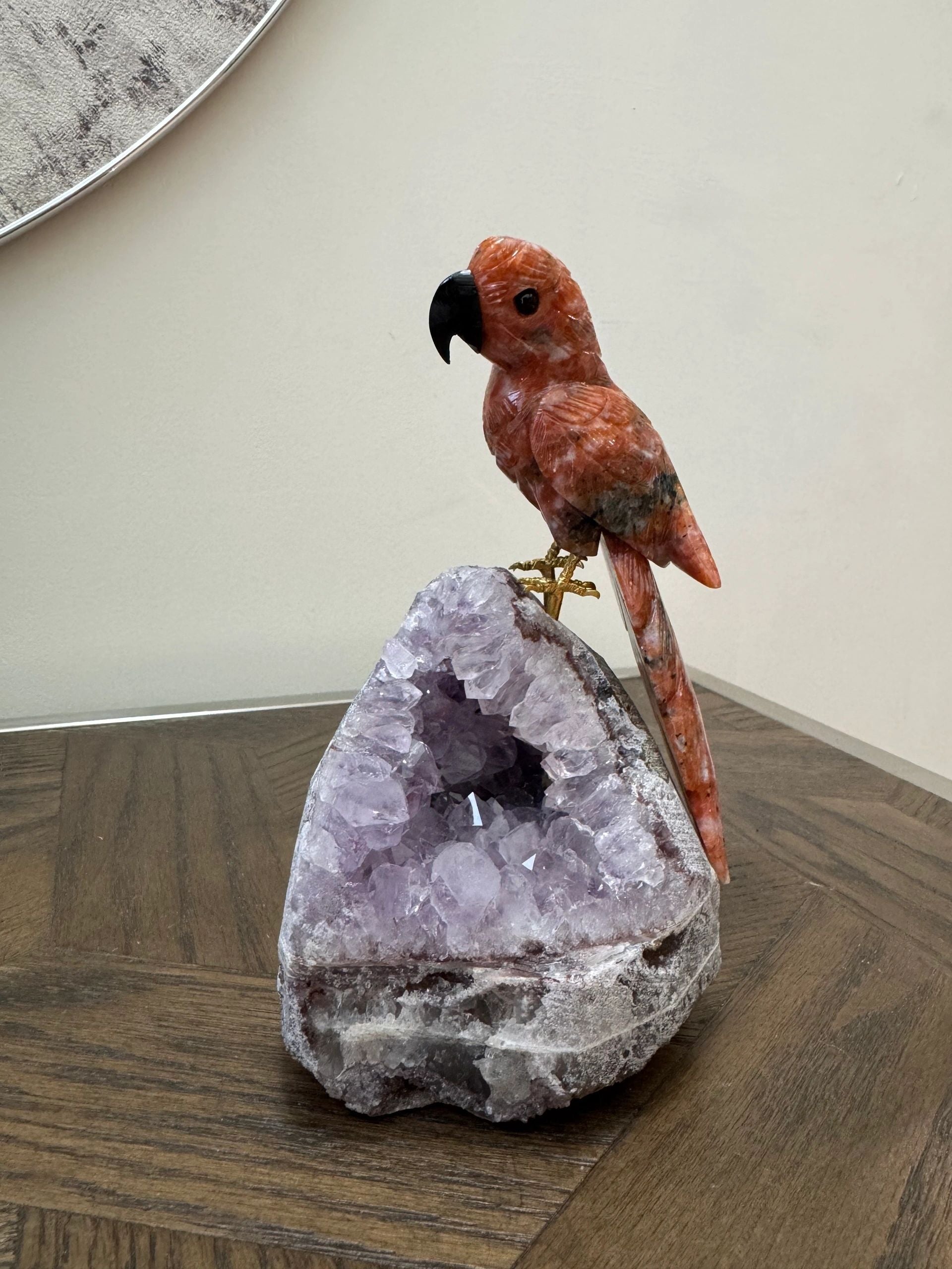Sunstone Parrot on Amethyst Geode Base