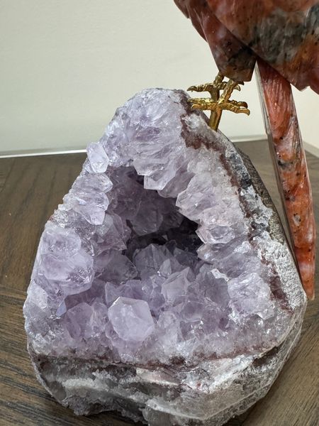 Sunstone Parrot on Amethyst Geode Base