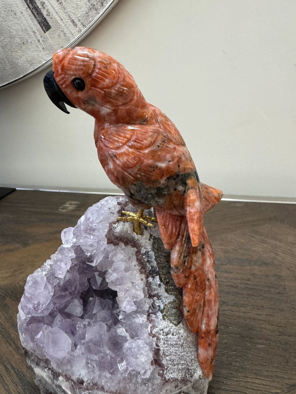 Sunstone Parrot on Amethyst Geode Base