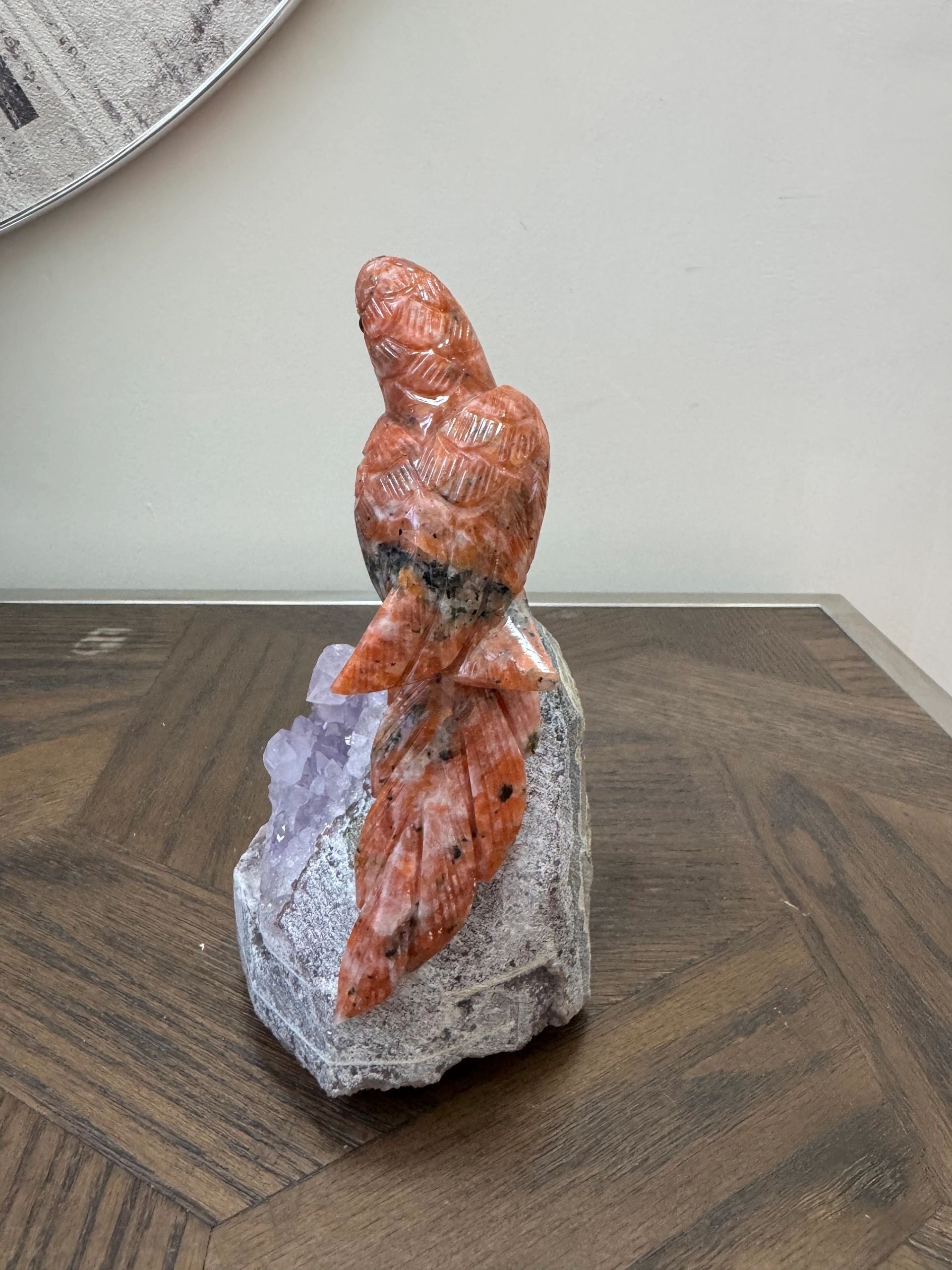 Sunstone Parrot on Amethyst Geode Base