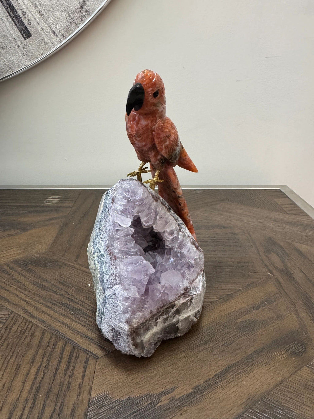 Sunstone Parrot on Amethyst Geode Base