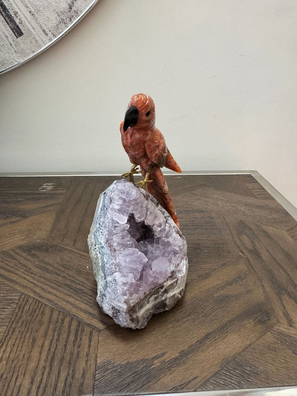 Sunstone Parrot on Amethyst Geode Base