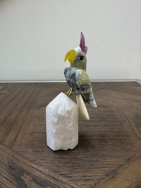 Natural Jasper Cockatoo on Clear Quartz Tower Crystal Specimen