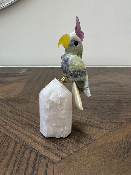 Natural Jasper Cockatoo on Clear Quartz Tower Crystal Specimen