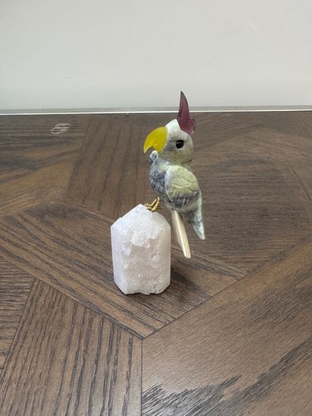Natural Jasper Cockatoo on Clear Quartz Tower Crystal Specimen