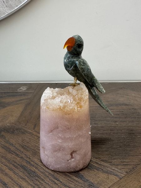 Sage Green Jasper Parrot on Pink Amethyst Base