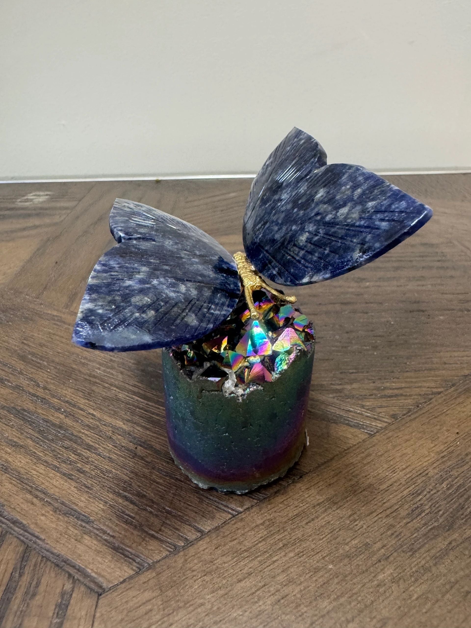 Natural Sodalite Carved Butterfly on Aura Amethyst Base Crystal Specimen