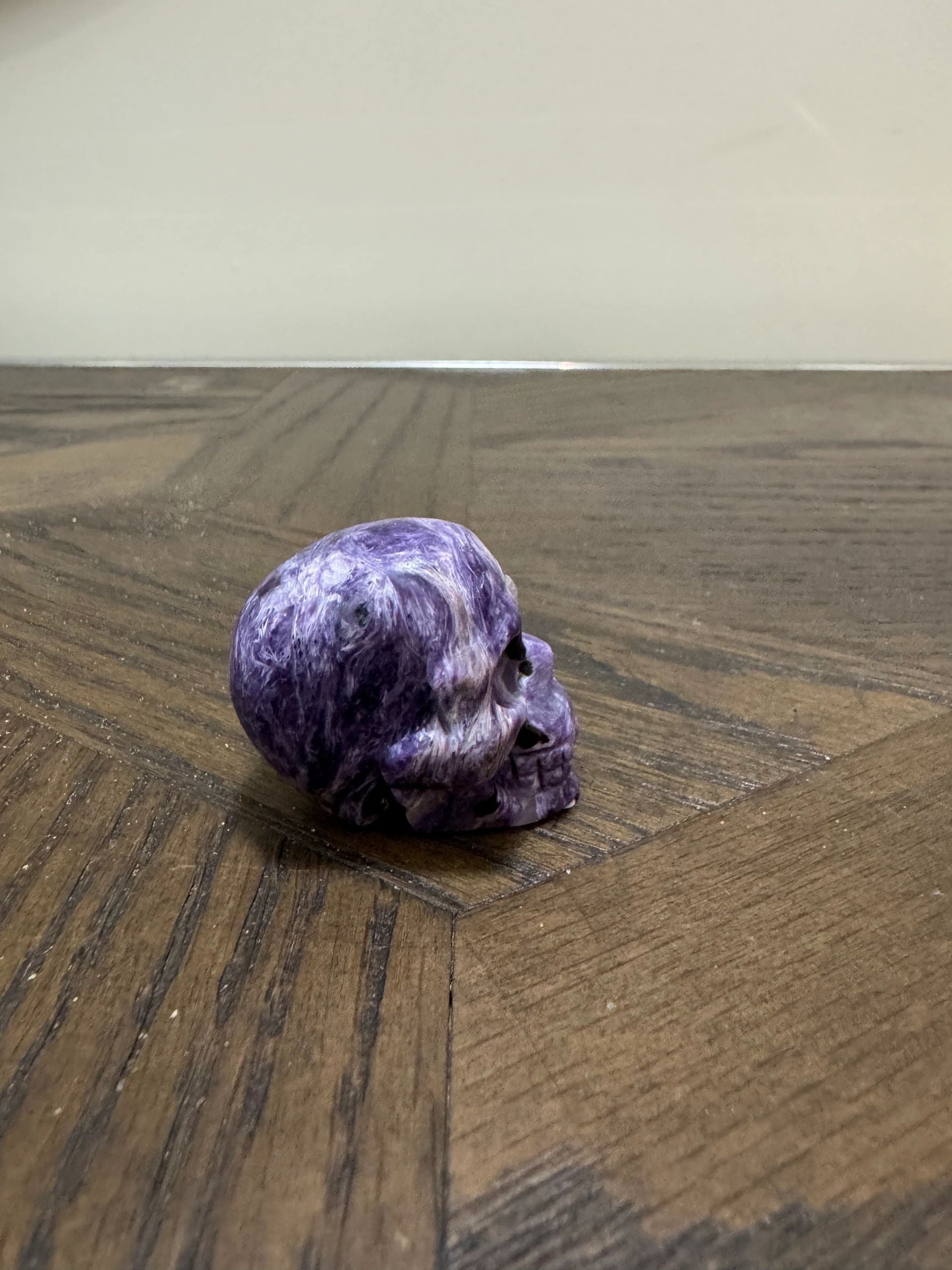 Natural Charoite Carved Pocket Skull Crystal Specimen