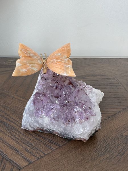 Orange Calcite Butterfly on Amethyst