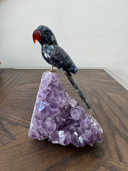 Natural Sodalite Hand Carved Parrot on Amethyst Base Crystal Specimen