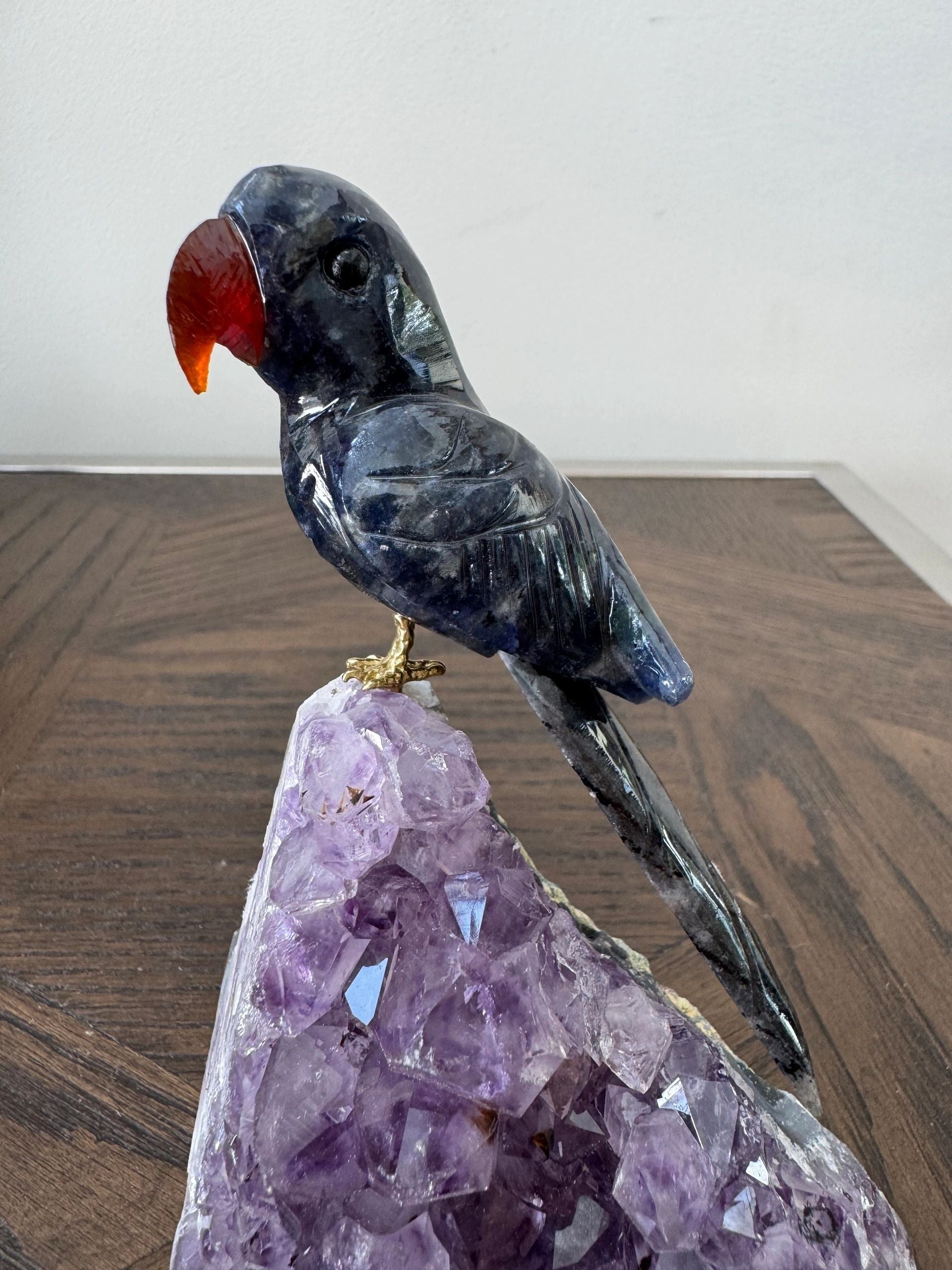 Natural Sodalite Hand Carved Parrot on Amethyst Base Crystal Specimen