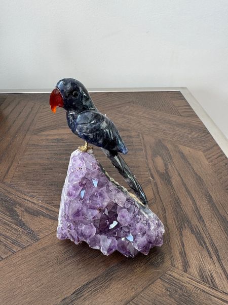 Natural Sodalite Hand Carved Parrot on Amethyst Base Crystal Specimen