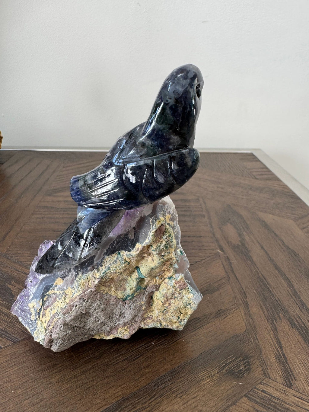 Natural Sodalite Hand Carved Parrot on Amethyst Base Crystal Specimen