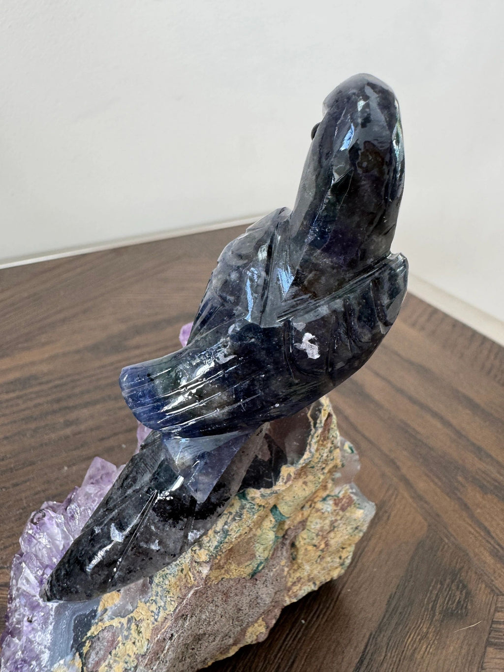 Natural Sodalite Hand Carved Parrot on Amethyst Base Crystal Specimen