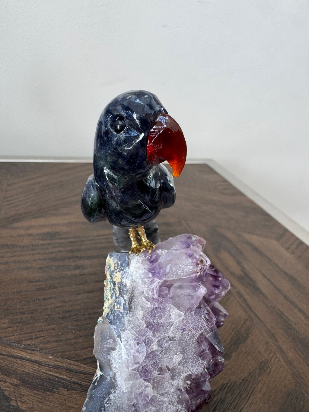 Natural Sodalite Hand Carved Parrot on Amethyst Base Crystal Specimen