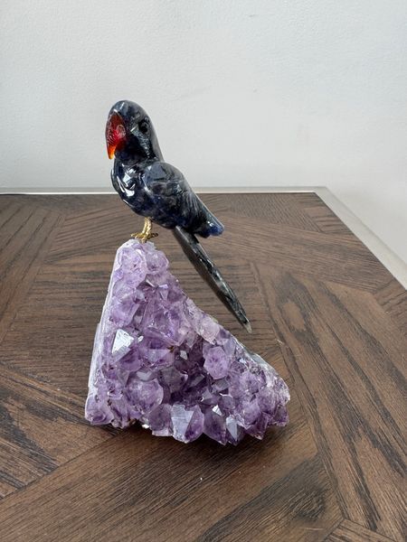Natural Sodalite Hand Carved Parrot on Amethyst Base Crystal Specimen