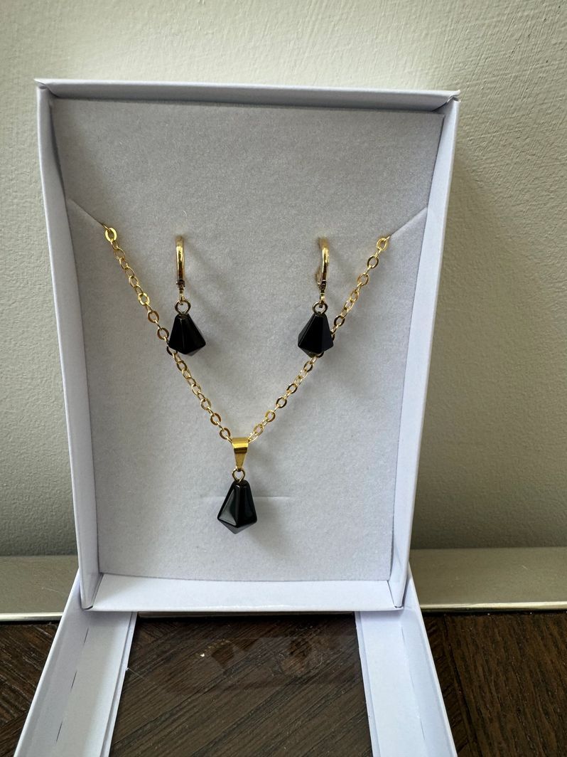 Natural Faceted Black Obsidian Jewelry Set Crystal Specimen