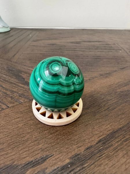 Natural Malachite Hand Polished Sphere on Wooden Stand Crystal Specimen